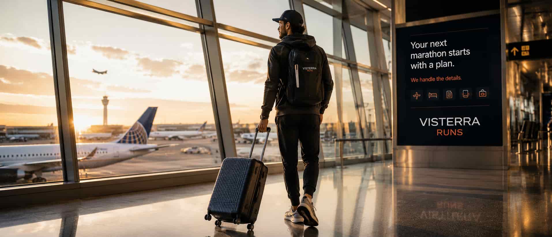 Runner viajando con maleta en aeropuerto, preparado para una maratón internacional con Visterra Runs